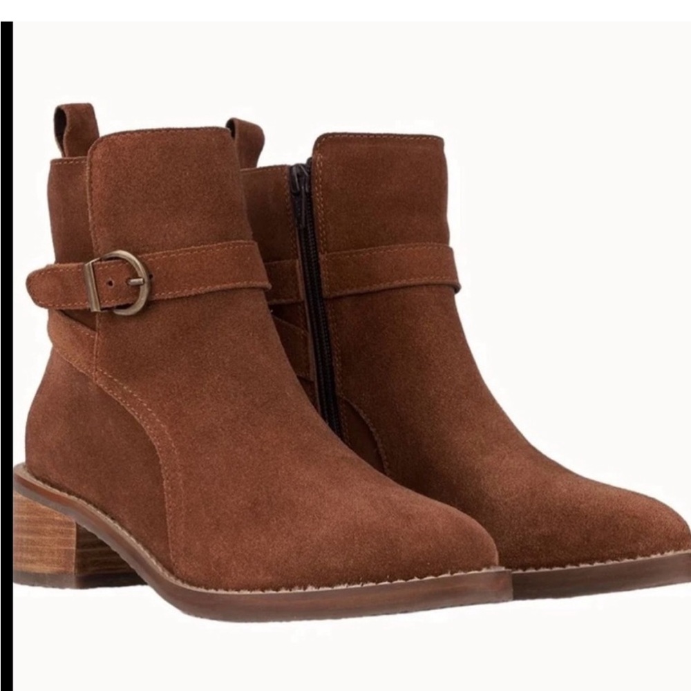 Vintage Foundry Brown Suede Ankle Booties with Buckle Detail